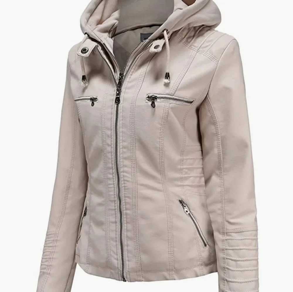 NWOT Tan Faux Leather Jacket with Cotton Hoodie M